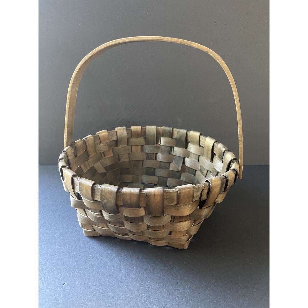 Vtg Gathering Basket Vegetable Slat Wood Woven Handcrafted Farmhouse Cottage